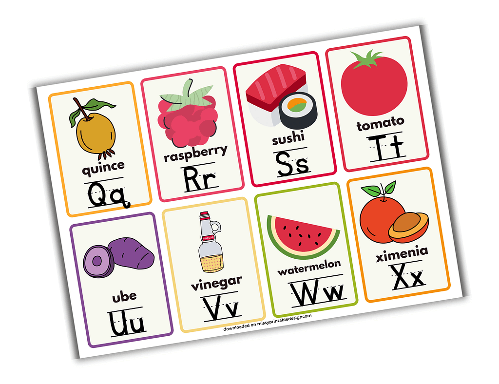printable food alphabet flashcards q-x