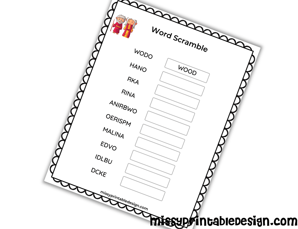 Noah’s Ark Printable Word scramble