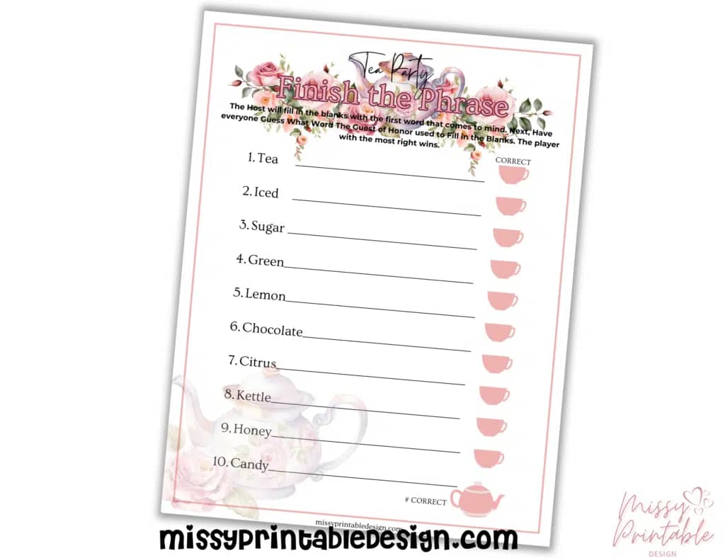 Finish The Phrase Tea Party Game